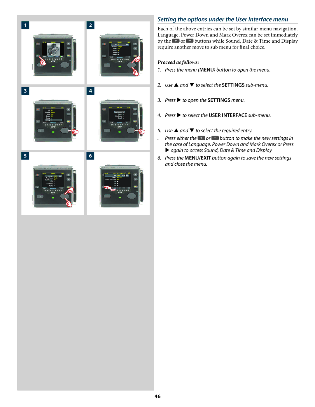 Hasselblad 3034216 user manual Setting the options under the User Interface menu, Proceed as follows 