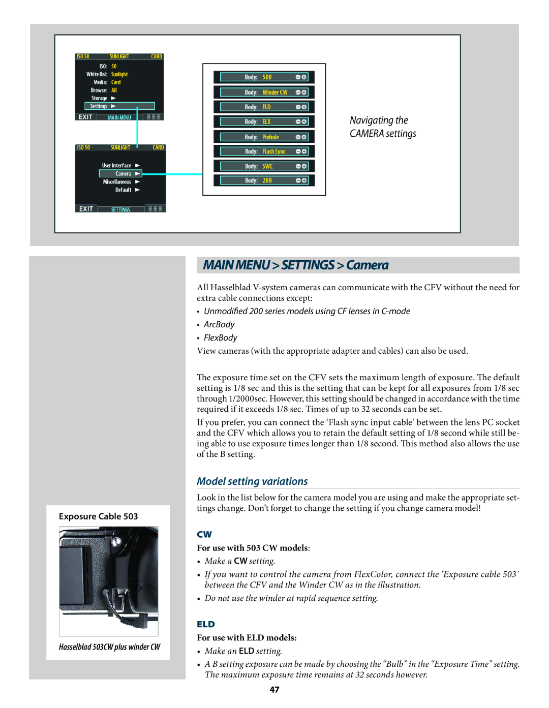 Hasselblad 3034216 user manual MAINMENUSETTINGSCamera, Model setting variations, Exposure Cable, For use with 503 CW models 