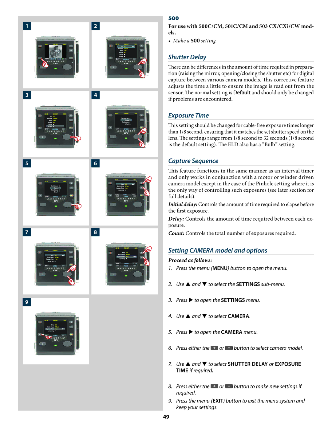 Hasselblad 3034216 user manual Shutter Delay, Exposure Time, Capture Sequence, Setting Camera model and options 