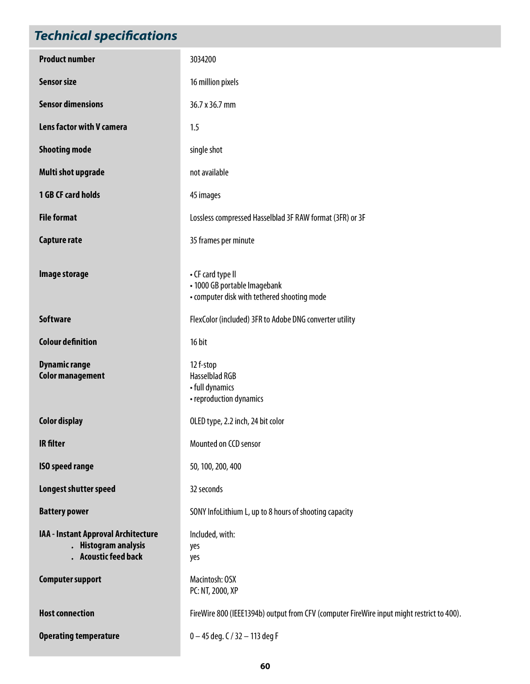 Hasselblad 3034216 user manual Technical speciﬁcations, Image storage 