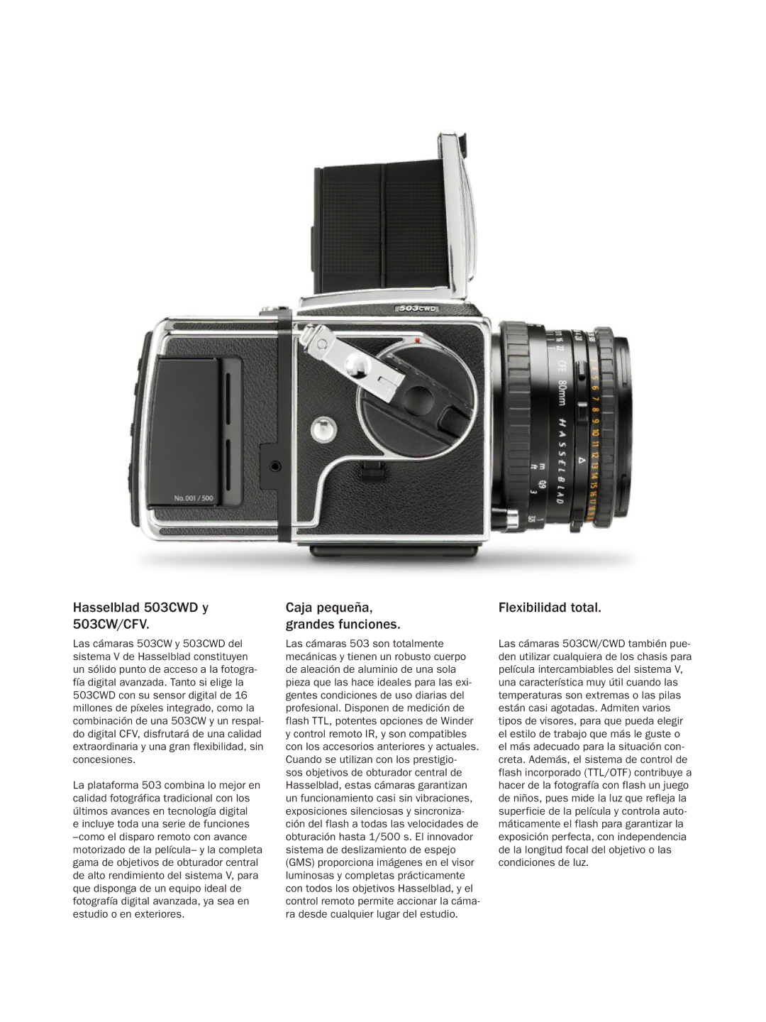 Hasselblad manual Hasselblad 503CWD y 503CW/CFV, Caja pequeña, grandes funciones, Flexibilidad total 