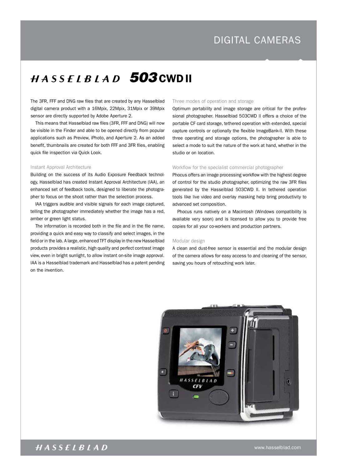 Hasselblad 503CWDII manual Three modes of operation and storage, Instant Approval Architecture, Modular design 