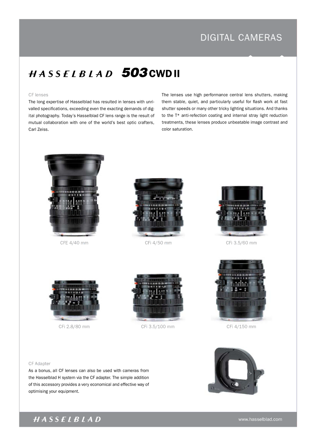 Hasselblad 503CWDII manual CF lenses, CFE 4/40 mm CFi 4/50 mm, CFi 2.8/80 mm CFi 3.5/100 mm, CF Adapter 