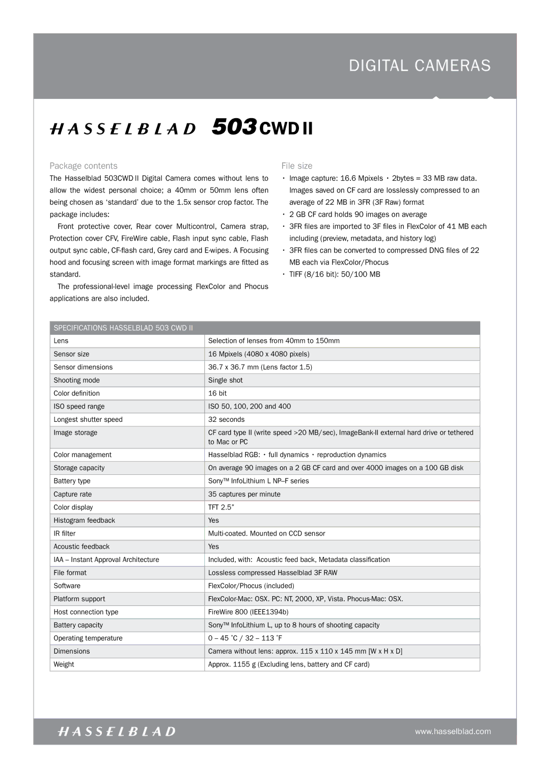 Hasselblad 503CWDII manual Package contents File size 