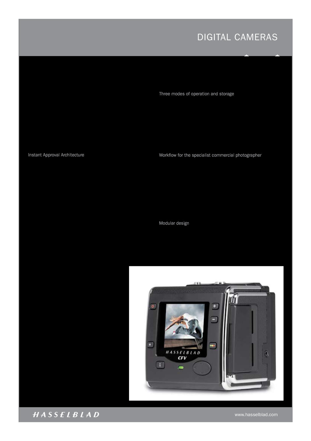 Hasselblad 503CWDII Three modes of operation and storage, Instant Approval Architecture, Modular design, digital CAMERAS 
