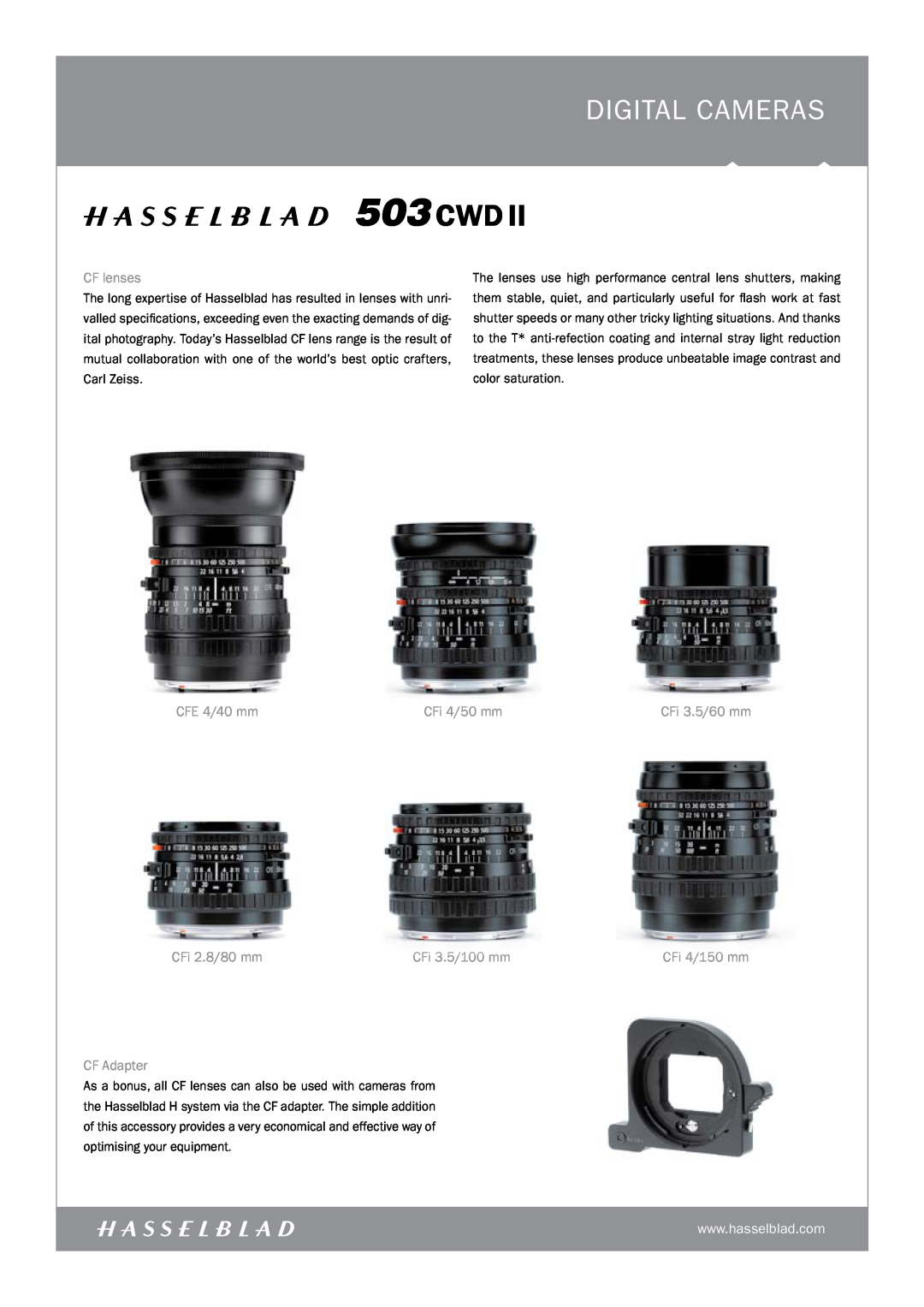 Hasselblad 503CWDII manual CF lenses, CFE 4/40 mm, CFi 4/50 mm, CFi 2.8/80 mm, CFi 3.5/100 mm, CF Adapter, digital CAMERAS 
