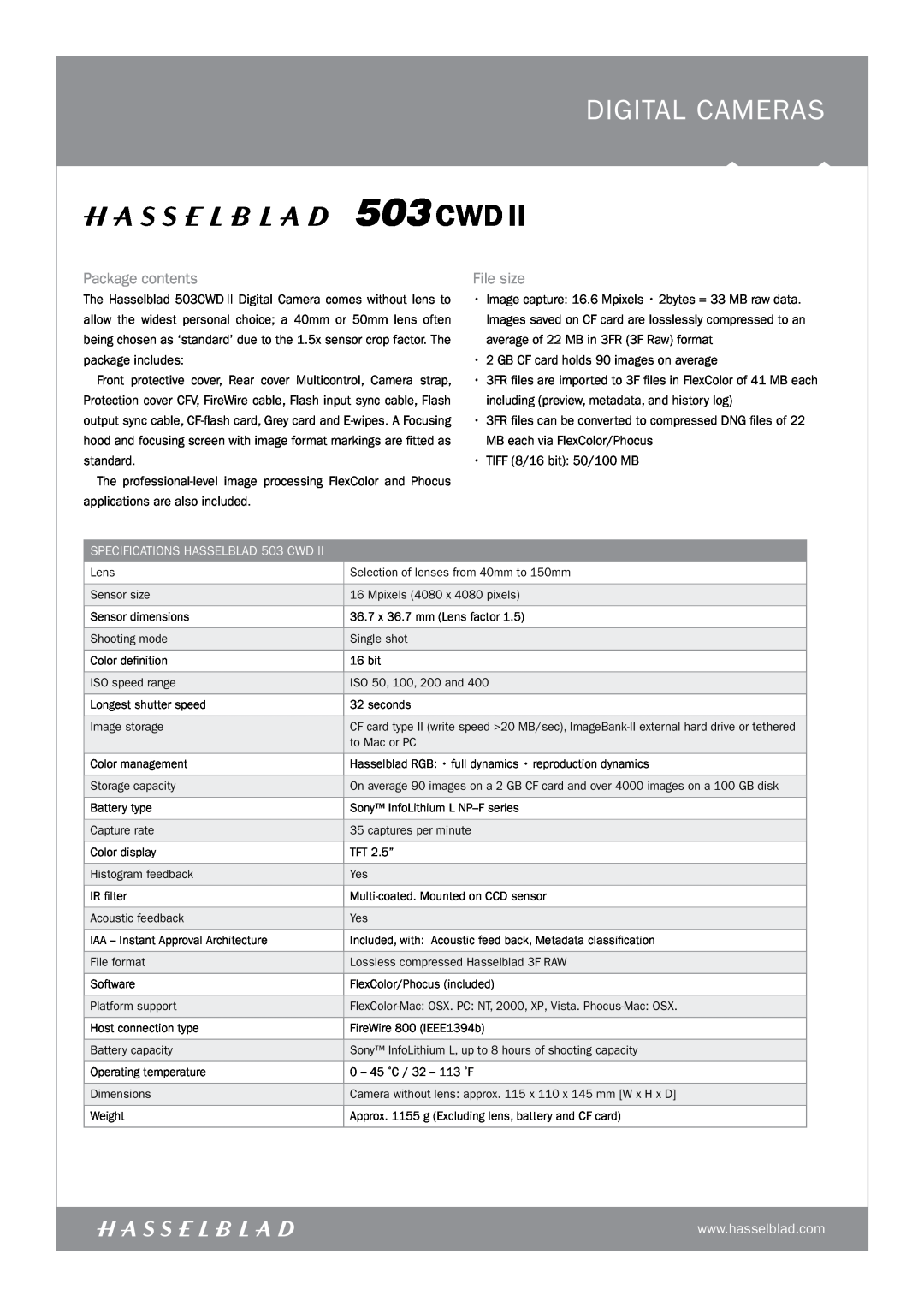 Hasselblad 503CWDII manual digital CAMERAS, Package contents, File size, SPECIFICATIONS HASSELBLAD 503 CWD 