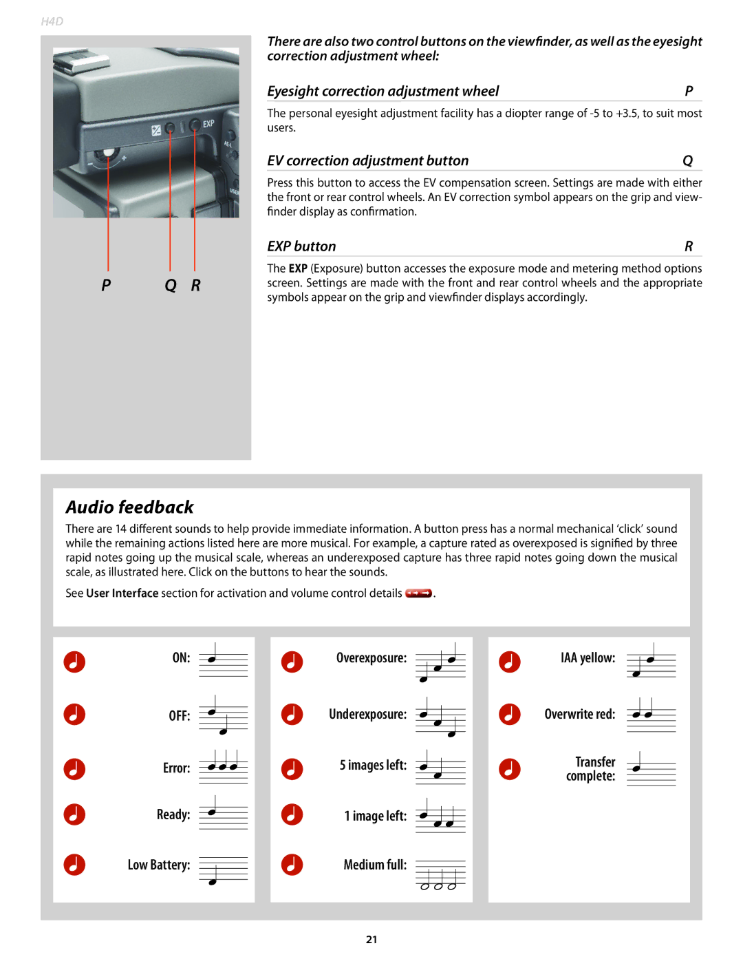 Hasselblad 70380554 Audio feedback, Eyesight correction adjustment wheel, EV correction adjustment button, EXP button 