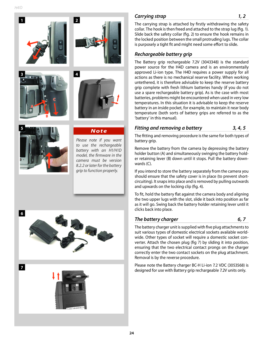 Hasselblad 70490533, 70380554 Carrying strap, Rechargeable battery grip, Fitting and removing a battery, Battery charger 