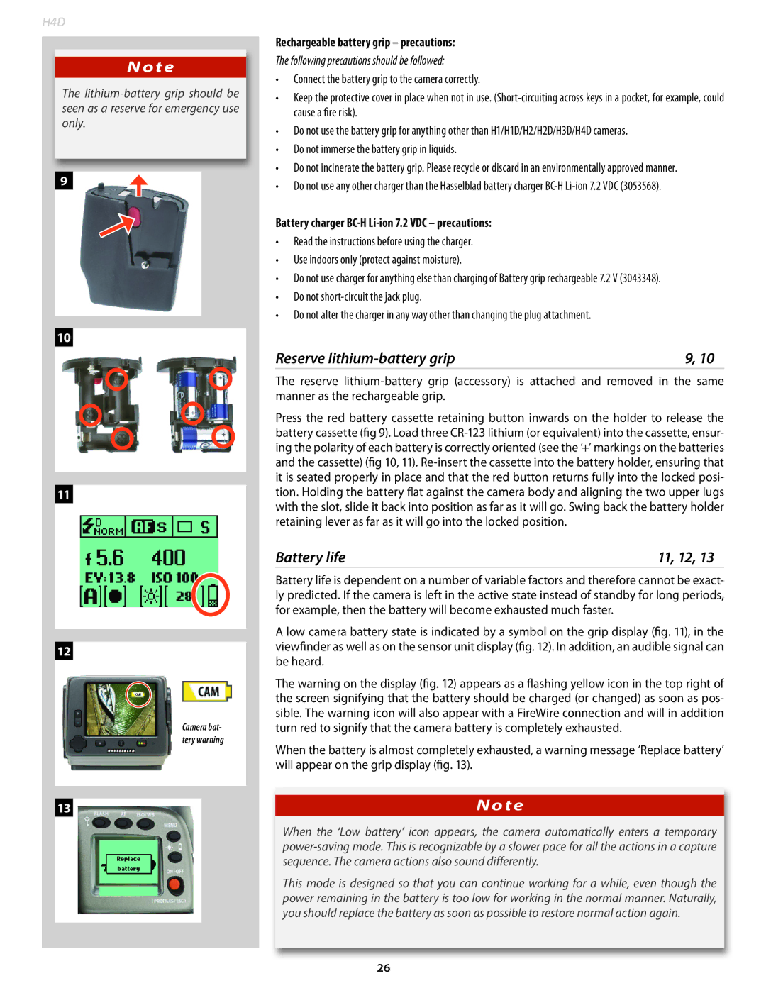 Hasselblad 70380534, 70380554 Reserve lithium-battery grip, Battery life 11, 12, Rechargeable battery grip precautions 