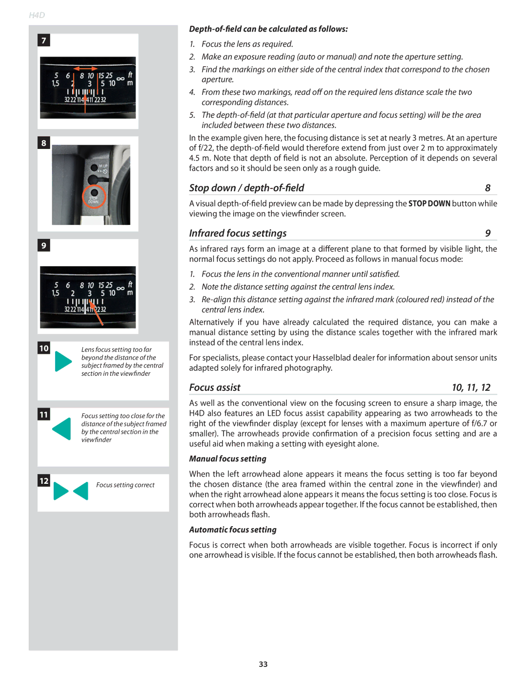 Hasselblad 70380534, 70380554, 70480542, 70480522 Stop down / depth-of-field, Infrared focus settings, Focus assist 10, 11 