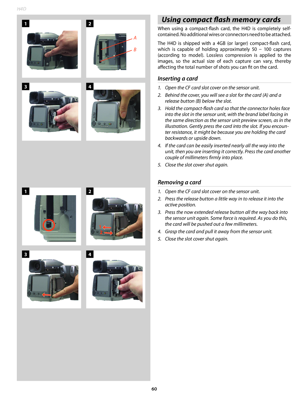 Hasselblad 70480532, 70380554, 70480542, 70480522, 70490533, 70380534, 70480533 user manual Inserting a card, Removing a card 