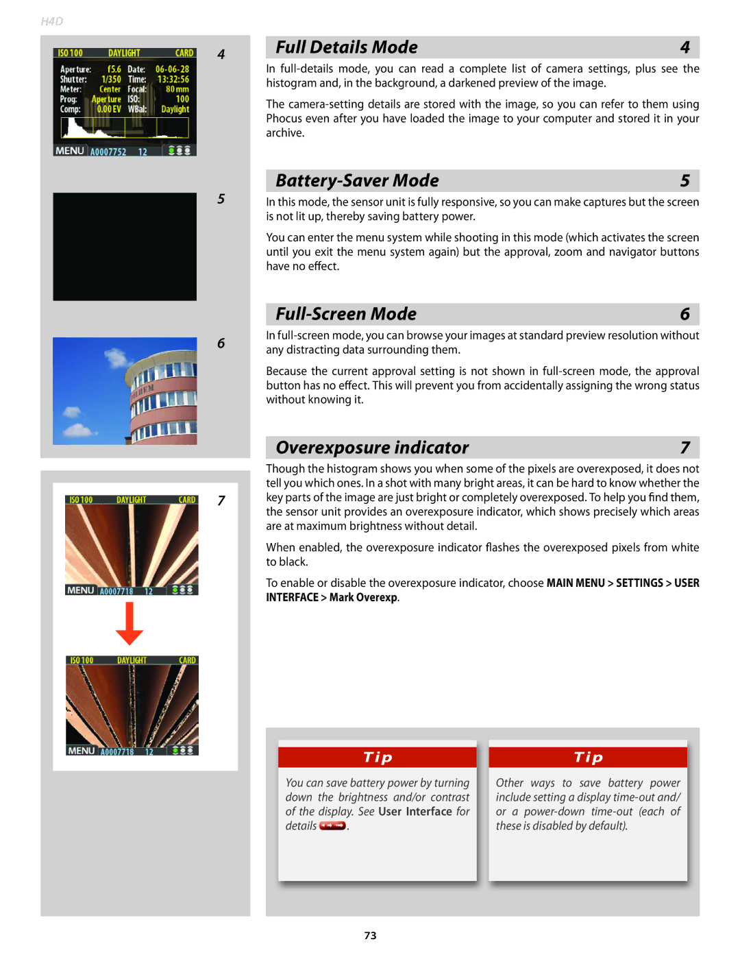 Hasselblad 70490533, 70380554, 70480542 Full Details Mode, Battery-Saver Mode, Full-Screen Mode, Overexposure indicator 