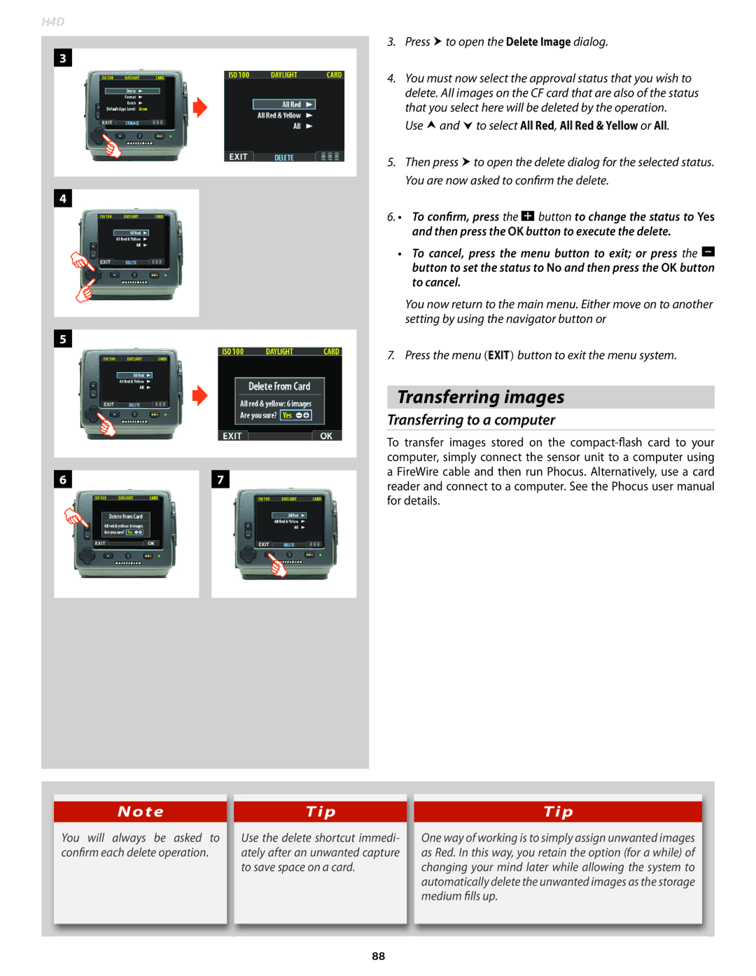 Hasselblad 70480532, 70380554 Transferring images, Transferring to a computer, Press  to open the Delete Image dialog 