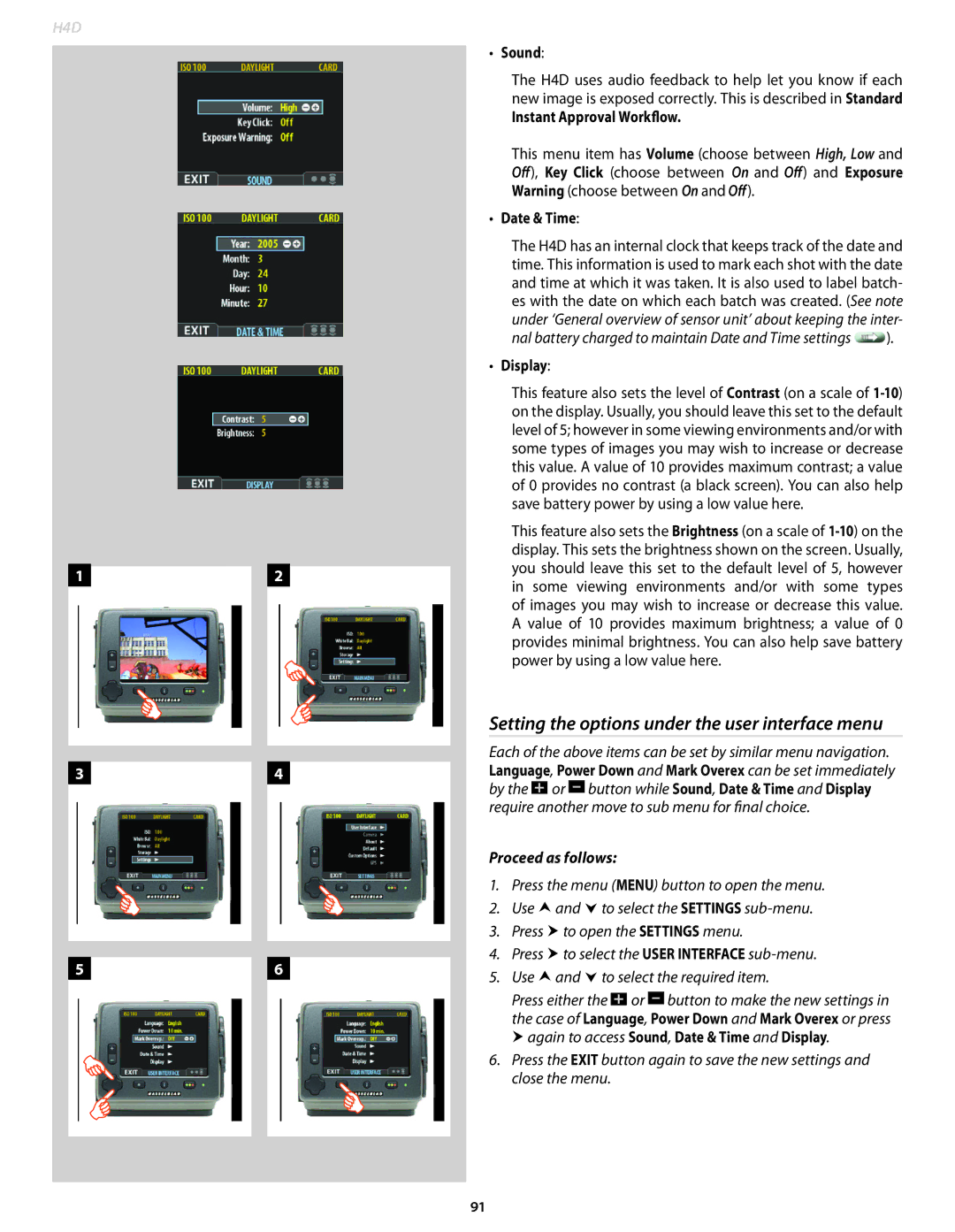 Hasselblad 70380554, 70480542, 70480522, 70490533, 70480532, 70380534 Setting the options under the user interface menu 