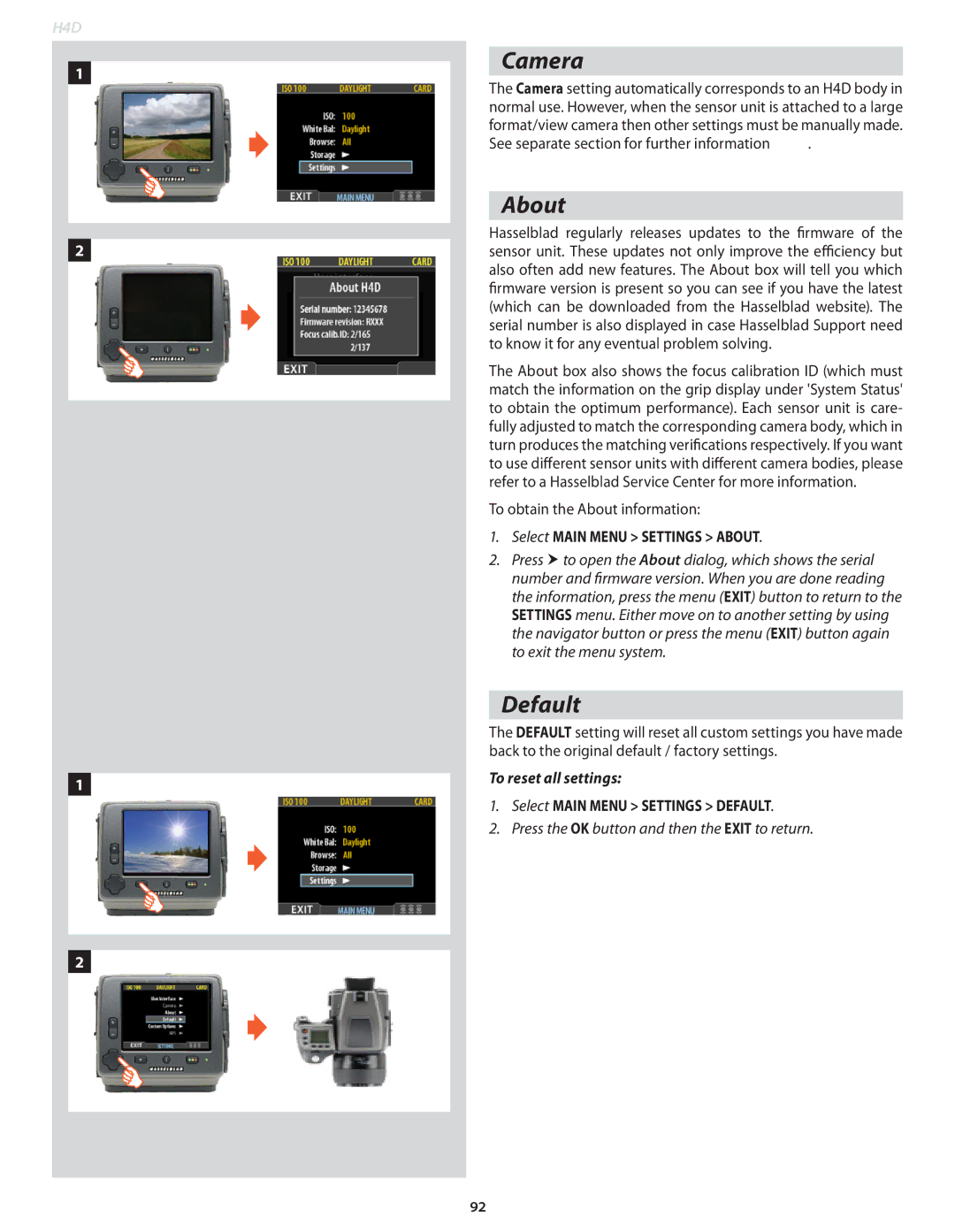 Hasselblad 70480542, 70380554, 70480522, 70490533, 70480532, 70380534, 70480533 Camera, About, Default, To reset all settings 