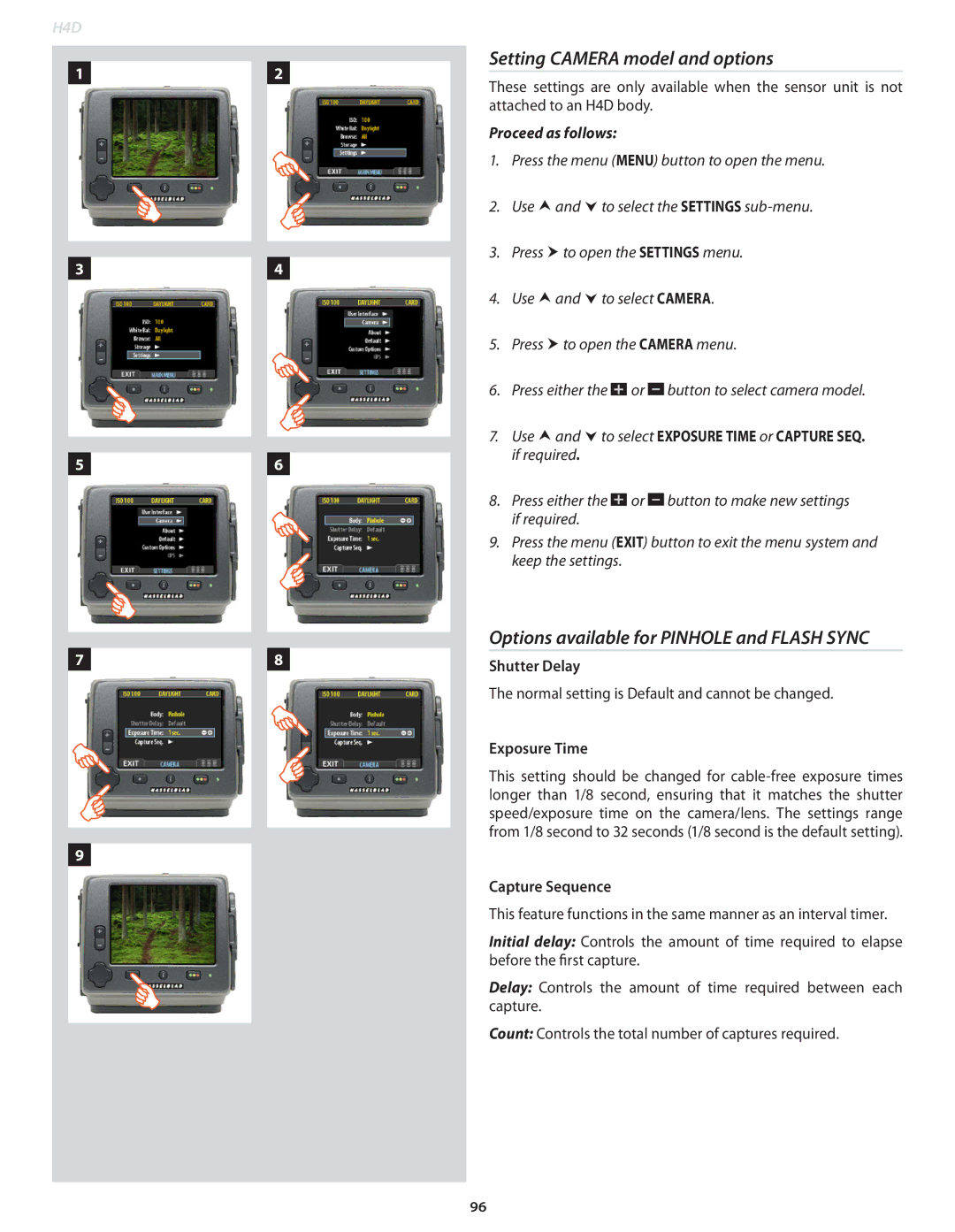 Hasselblad 70380534 Setting Camera model and options, Options available for Pinhole and Flash Sync, Shutter Delay 