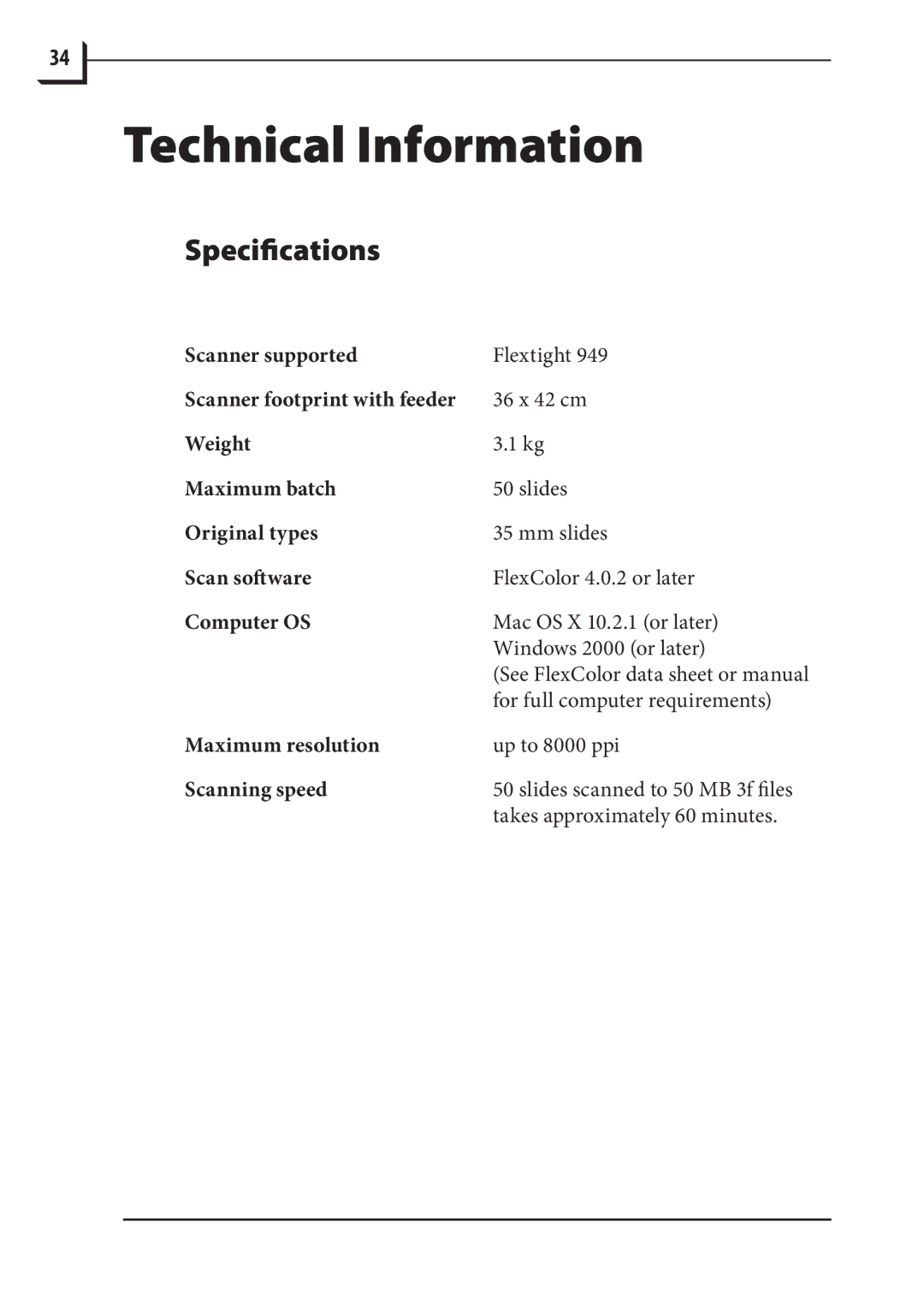 Hasselblad 949 manual Technical Information, Specifications 