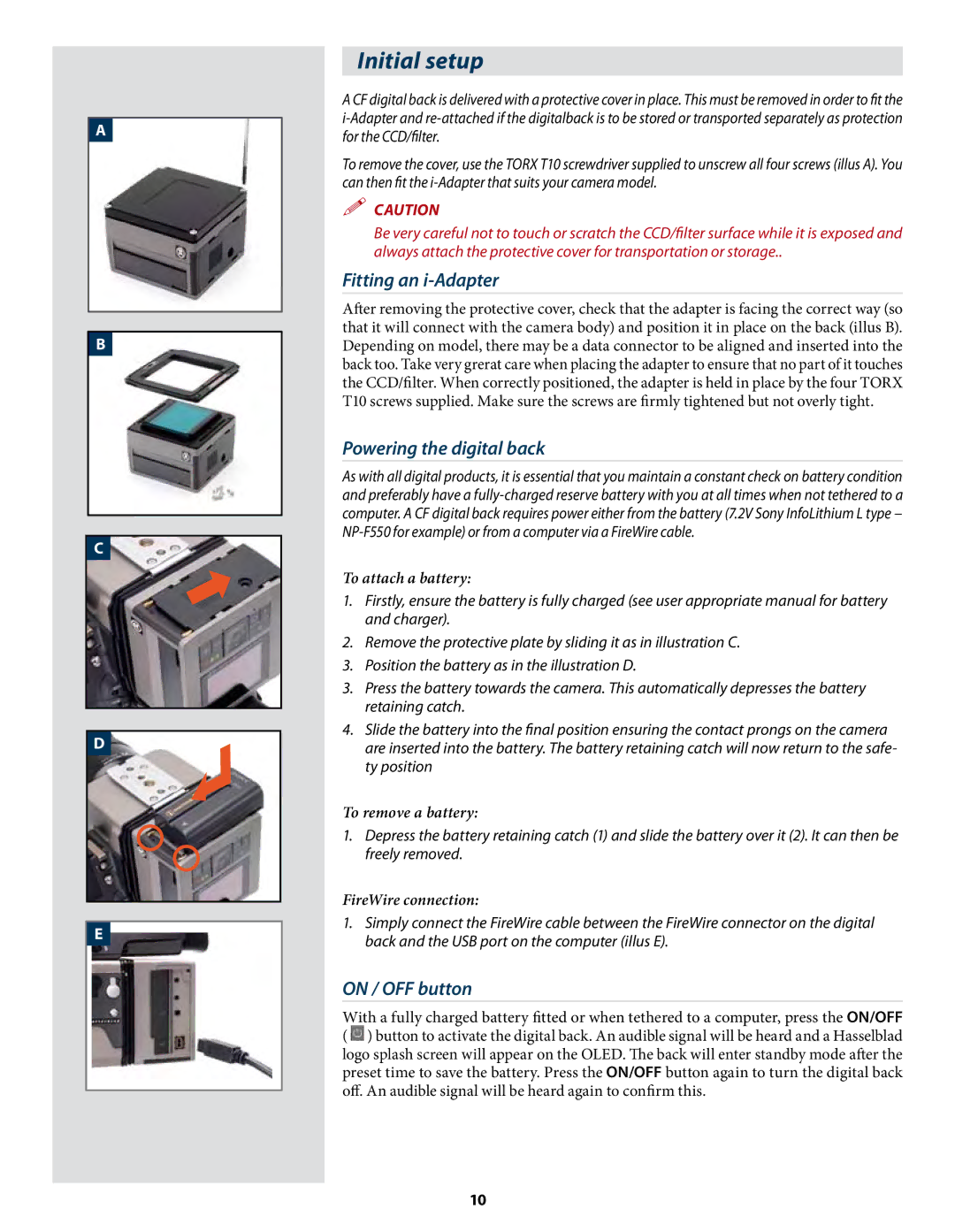 Hasselblad CF22 CF39 user manual Initial setup, Fitting an i-Adapter, Powering the digital back, On / OFF button 