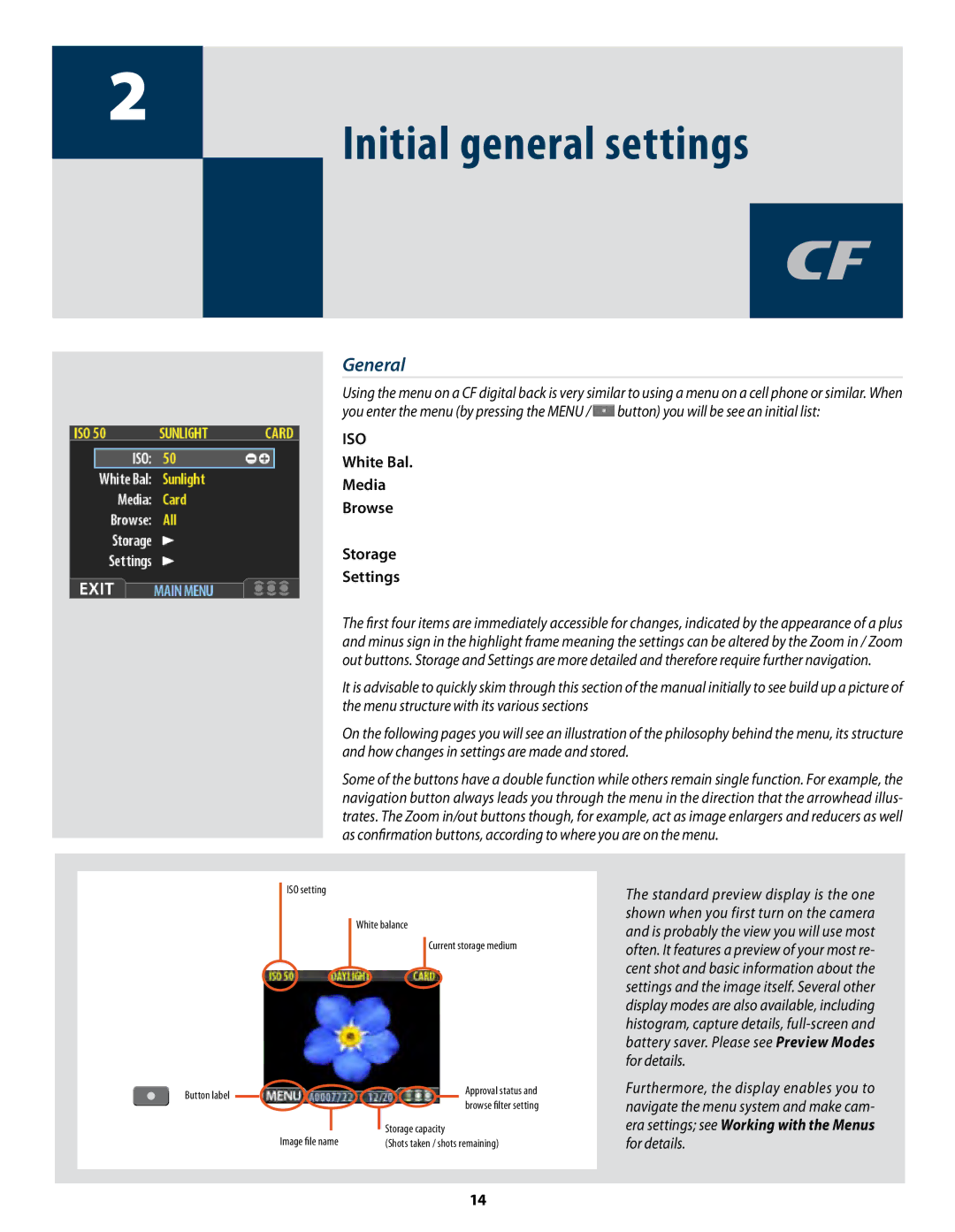 Hasselblad CF22 CF39 user manual Initial general settings, General, White Bal Media Browse Storage Settings 