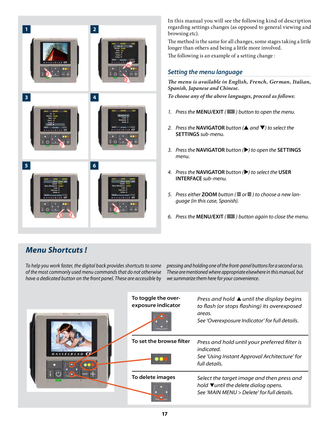 Hasselblad CF22 CF39 user manual Menu Shortcuts, Setting the menu language 