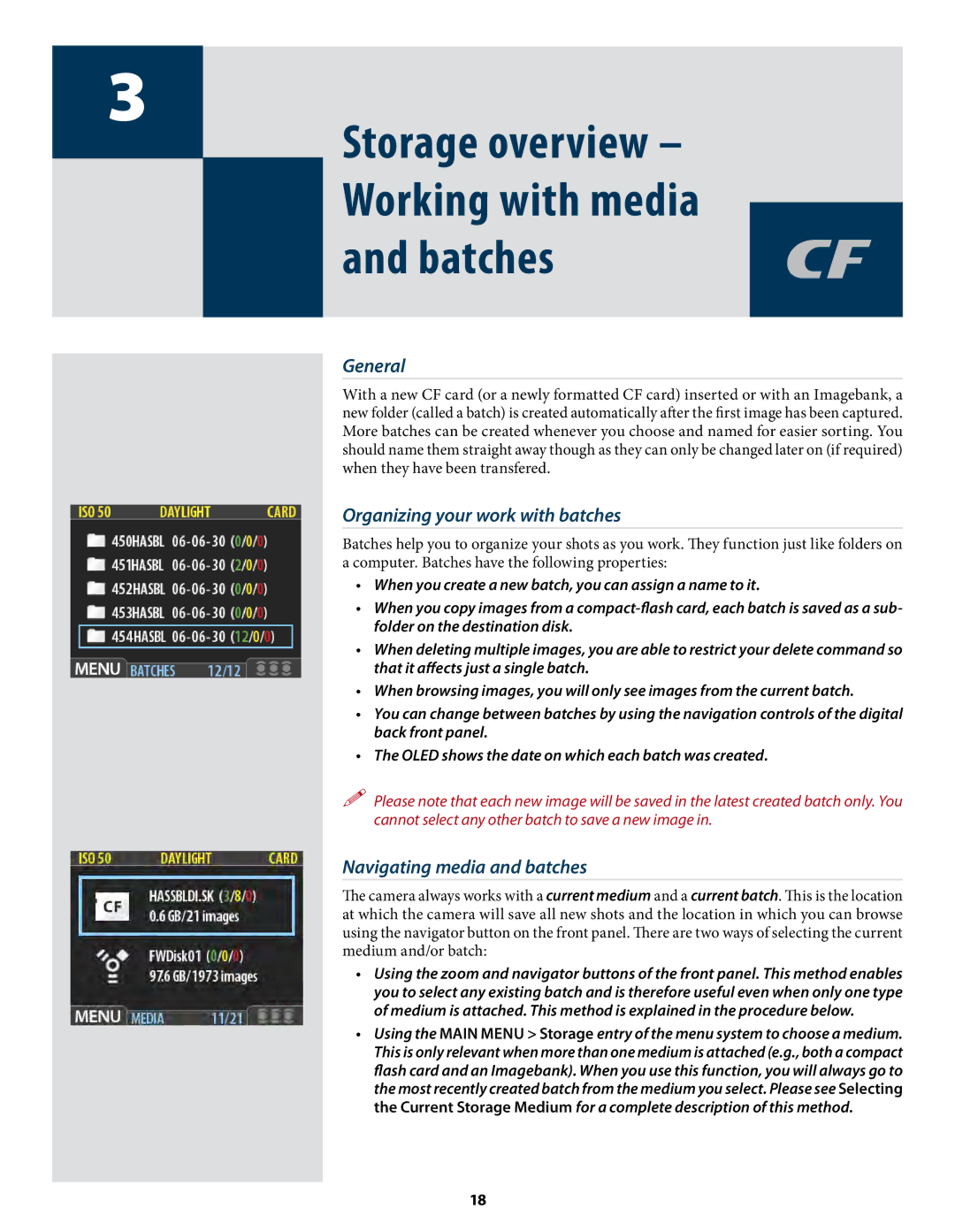 Hasselblad CF22 CF39 user manual Organizing your work with batches, Navigating media and batches 