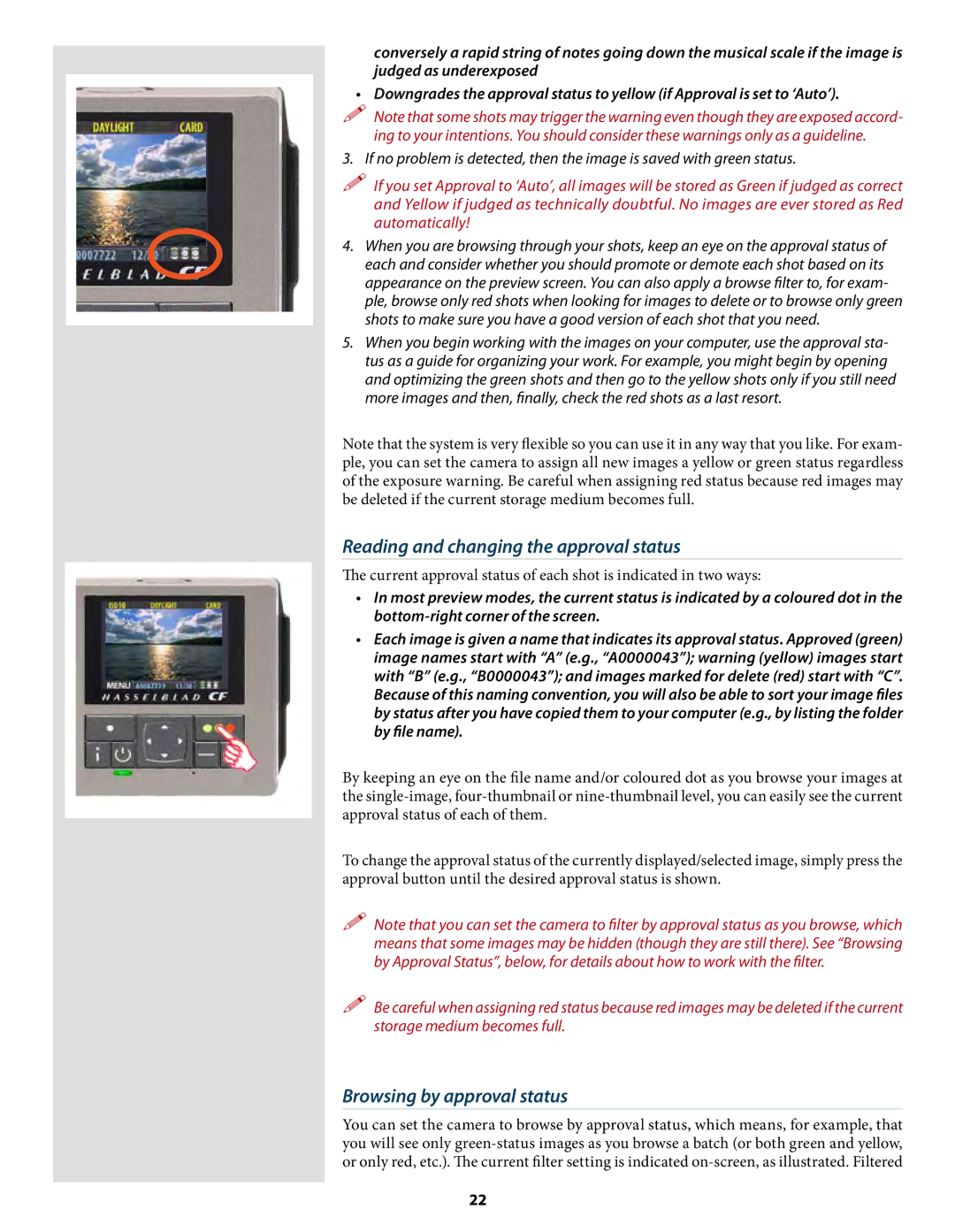 Hasselblad CF22 CF39 user manual Reading and changing the approval status, Browsing by approval status 