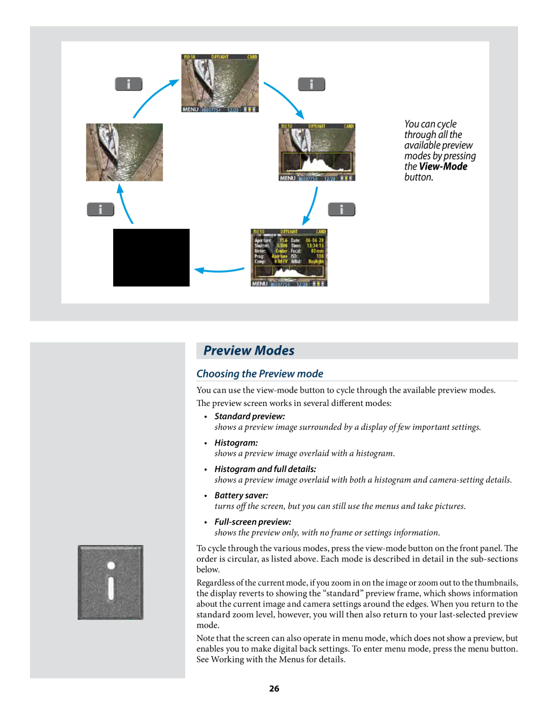 Hasselblad CF22 CF39 user manual Preview Modes, Choosing the Preview mode 