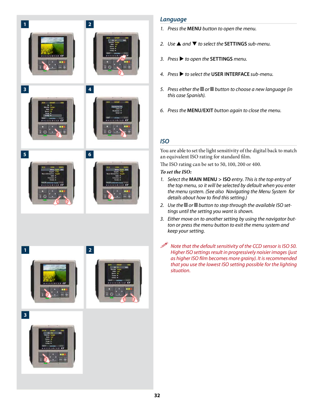 Hasselblad CF22 CF39 user manual Language, To set the ISO 