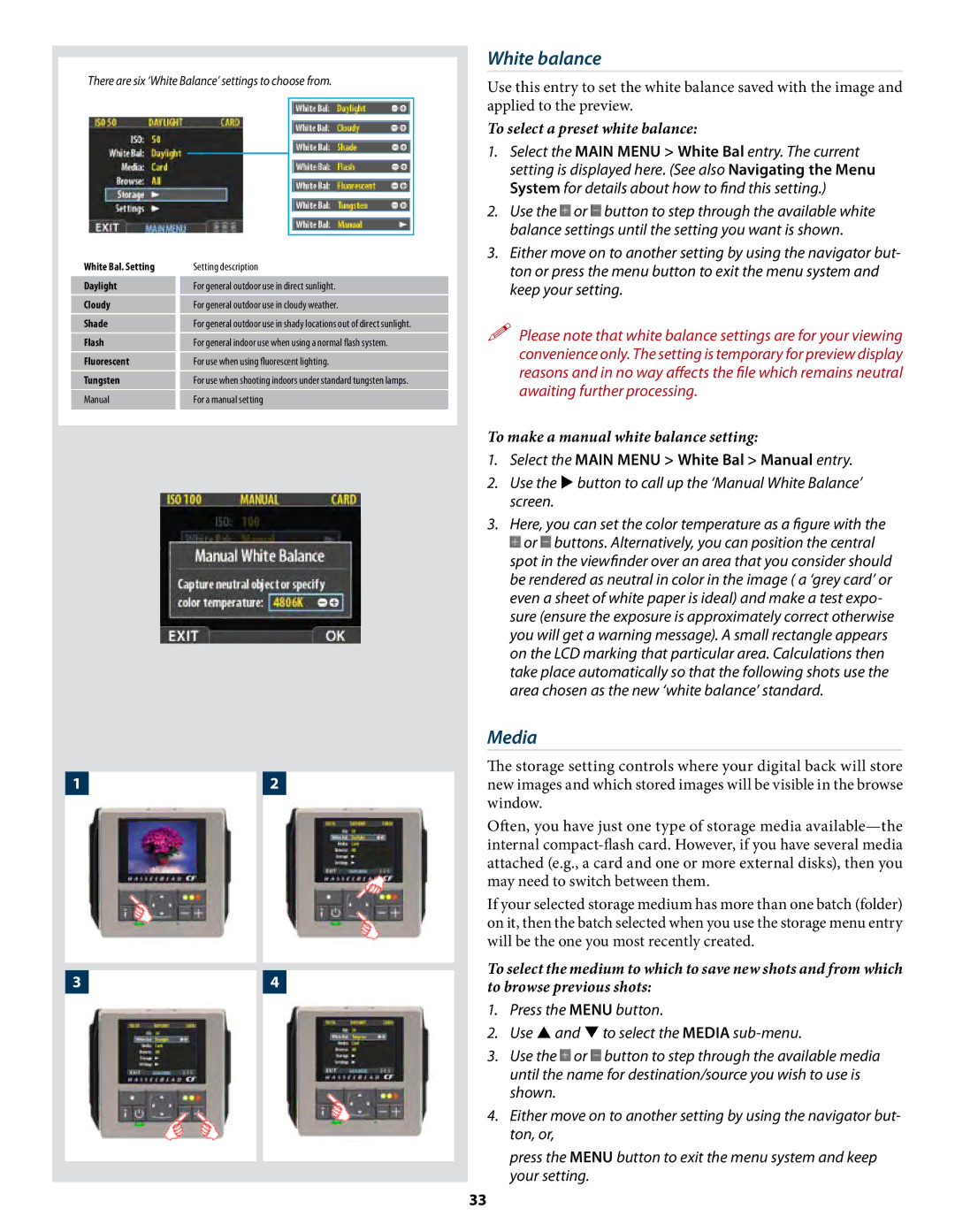 Hasselblad CF22 CF39 White balance, Media, To select a preset white balance, To make a manual white balance setting 