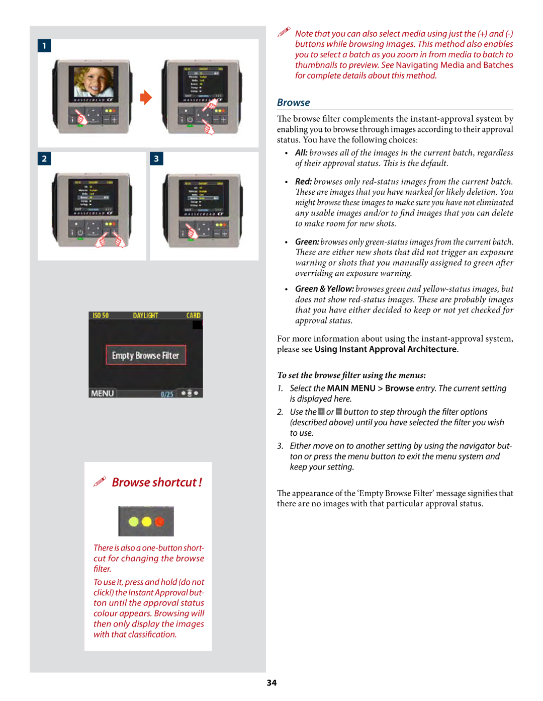 Hasselblad CF22 CF39 user manual Browse, To set the browse filter using the menus 