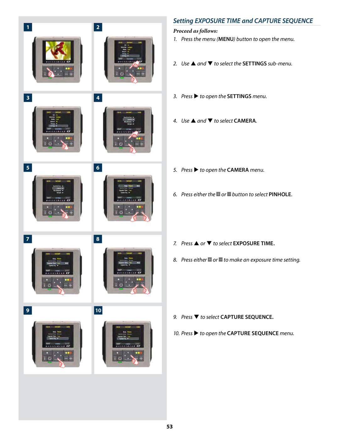 Hasselblad CF22 CF39 user manual Setting Exposure Time and Capture Sequence, Press  to select Capture Sequence 