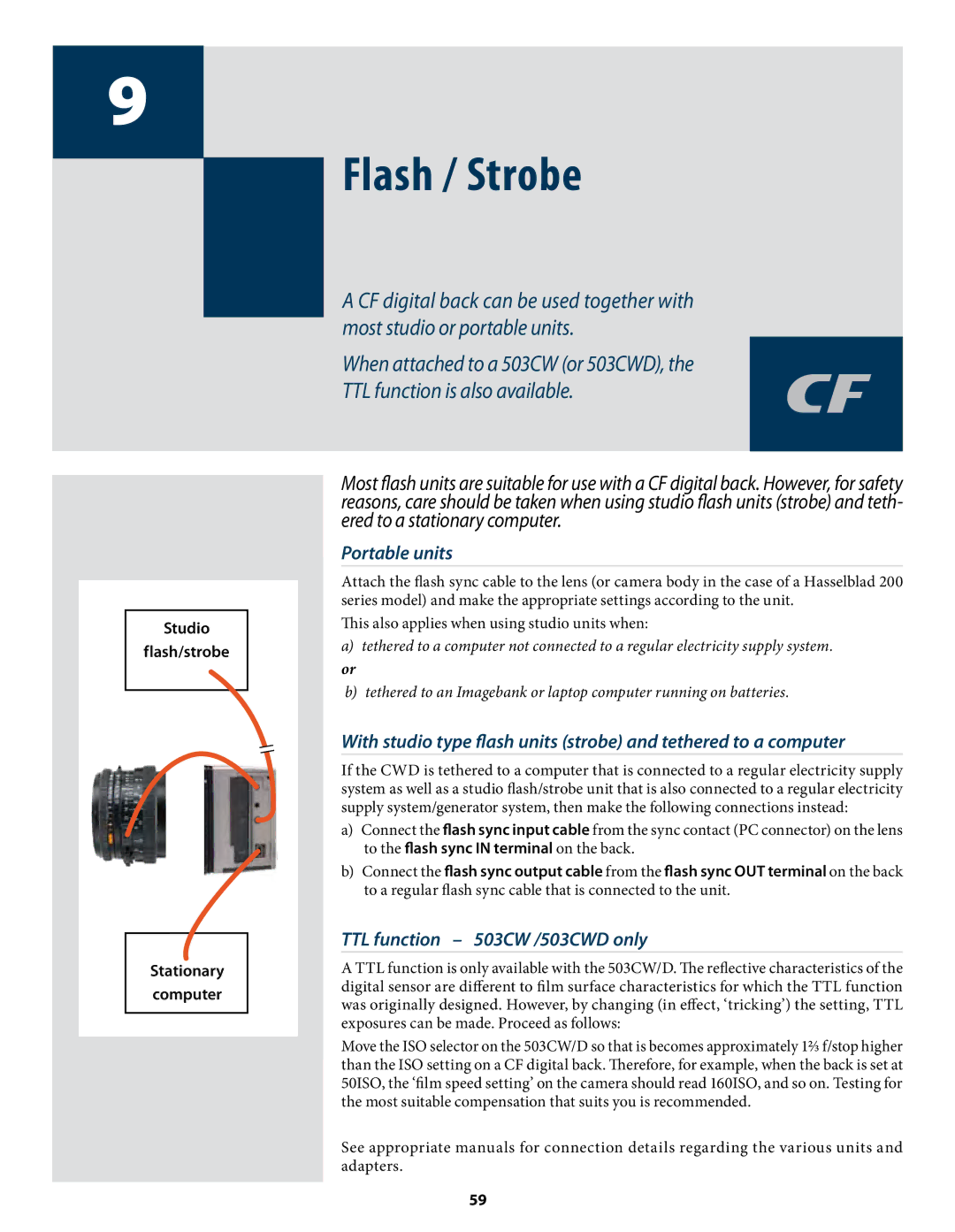 Hasselblad CF22 CF39 user manual Flash / Strobe, Portable units, TTL function 503CW /503CWD only 