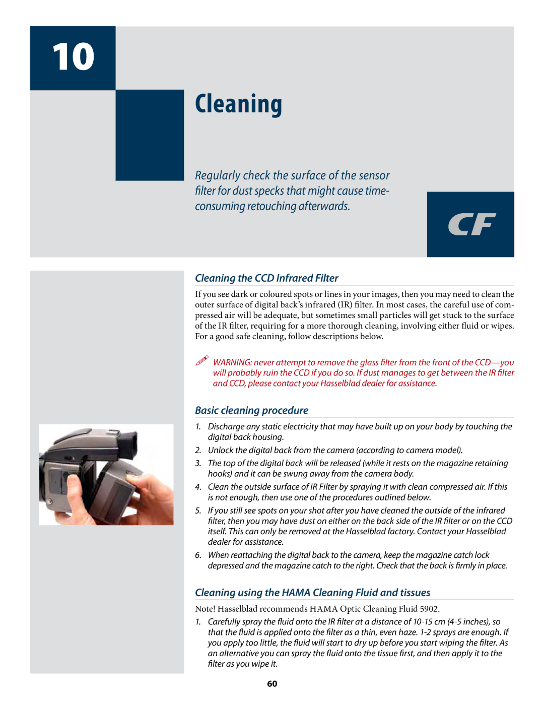 Hasselblad CF22 CF39 user manual Cleaning the CCD Infrared Filter, Basic cleaning procedure 