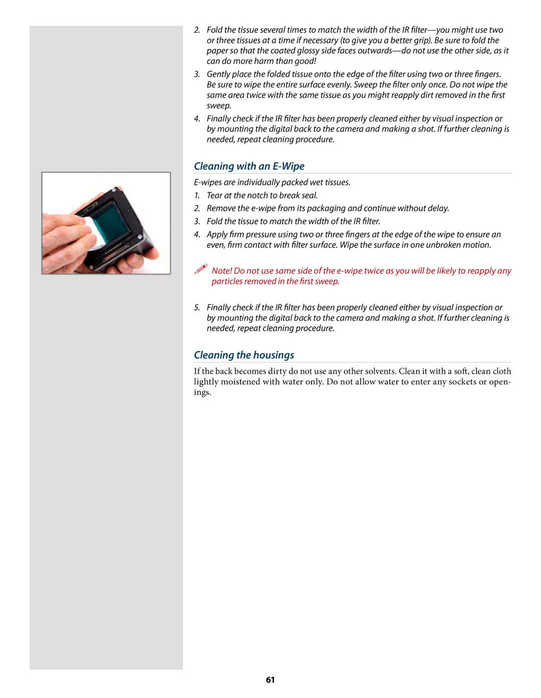 Hasselblad CF22 CF39 user manual Cleaning with an E-Wipe, Cleaning the housings 