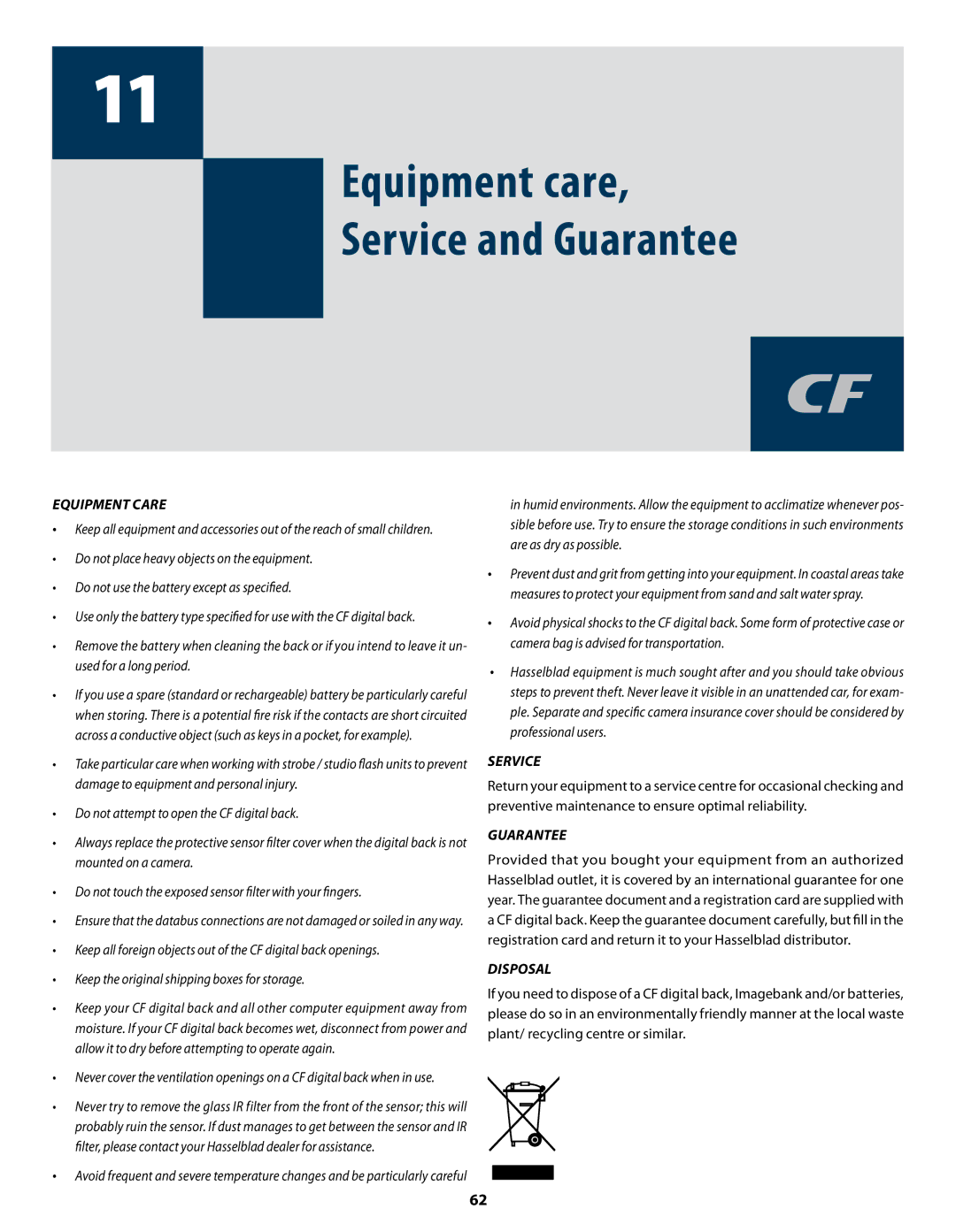 Hasselblad CF22 CF39 user manual Equipment care Service and Guarantee, Equipment Care 