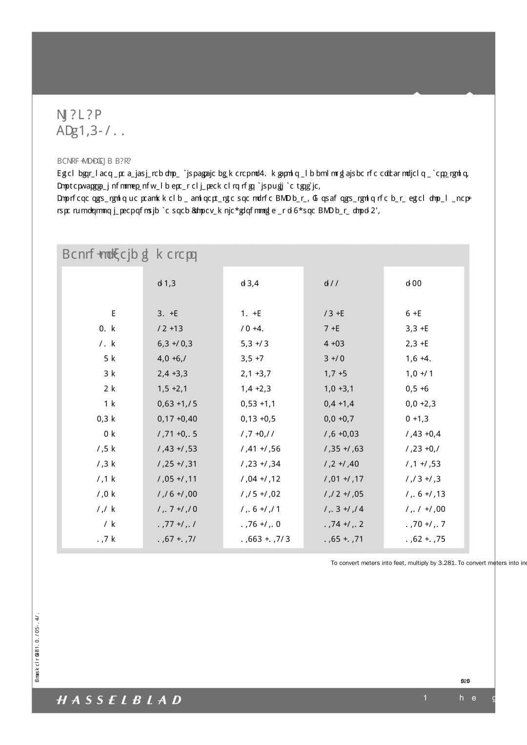 Hasselblad CFi 3.5/100 manual Depth-of-ﬁeld in meters, DEPTH-OF-FIELD Data, 50 ∞ 30 ∞ 15 ∞ 20 m 10 m 12.5 885 