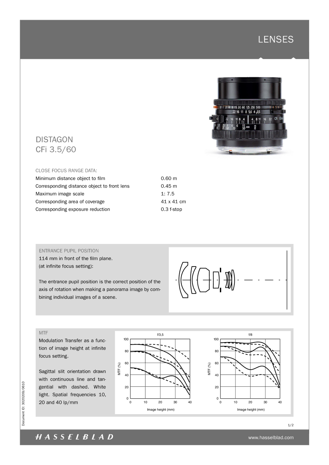 Hasselblad CFi 3.5/60 manual Lenses, Distagon 