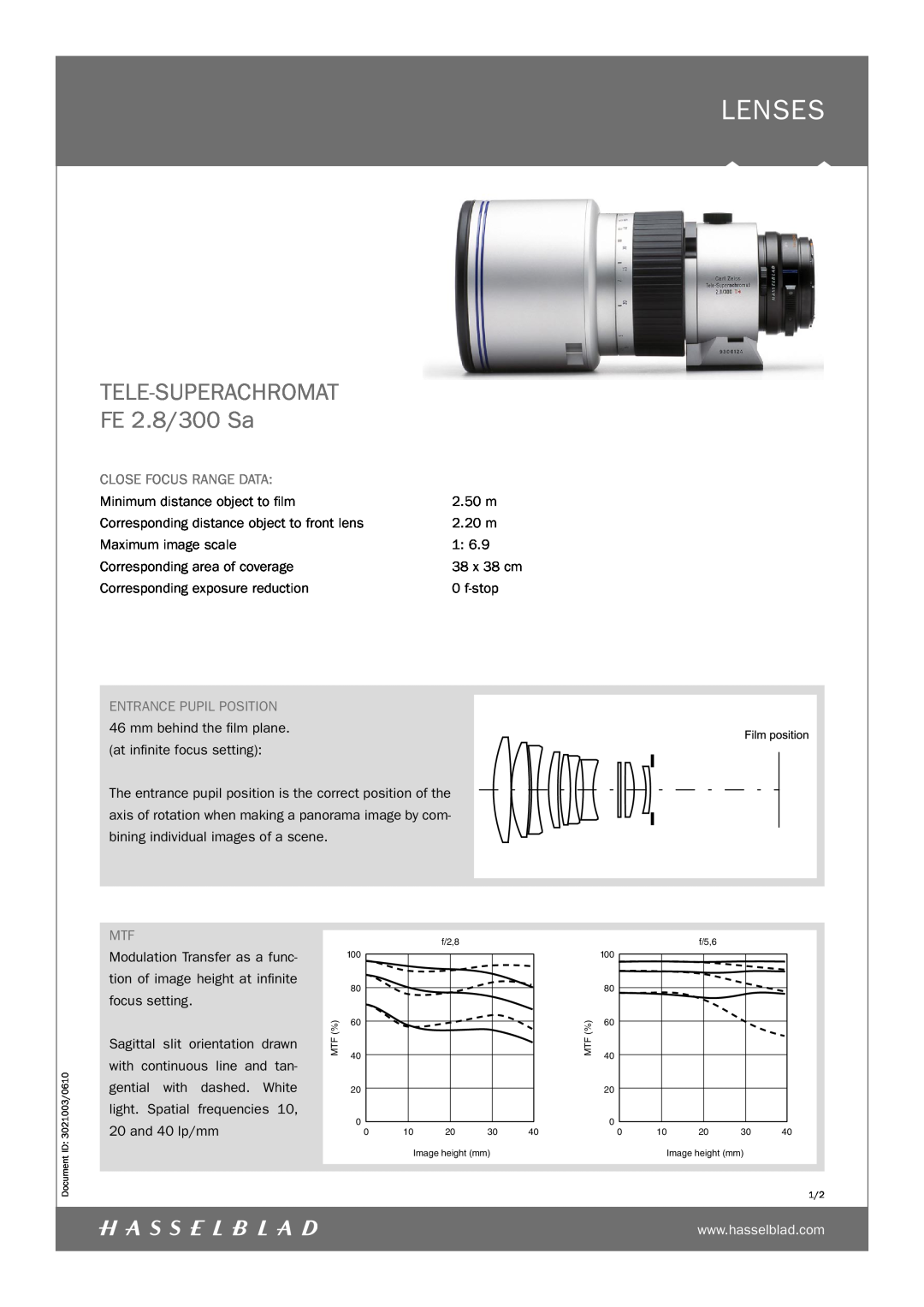 Hasselblad manual Lenses, TELE-SUPERACHROMAT FE 2.8/300 Sa, Close Focus Range Data 