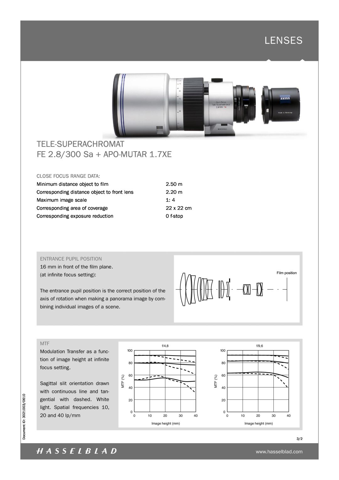 Hasselblad TELE-SUPERACHROMAT FE 2.8/300 Sa + APO-MUTAR 1.7XE, Entrance Pupil Position, Lenses, Close Focus Range Data 