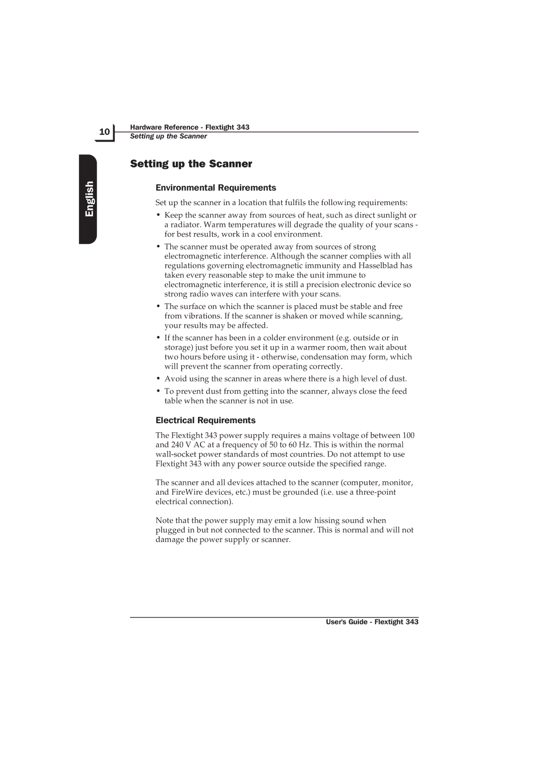 Hasselblad Flextight 343 manual Setting up the Scanner, Environmental Requirements, Electrical Requirements 