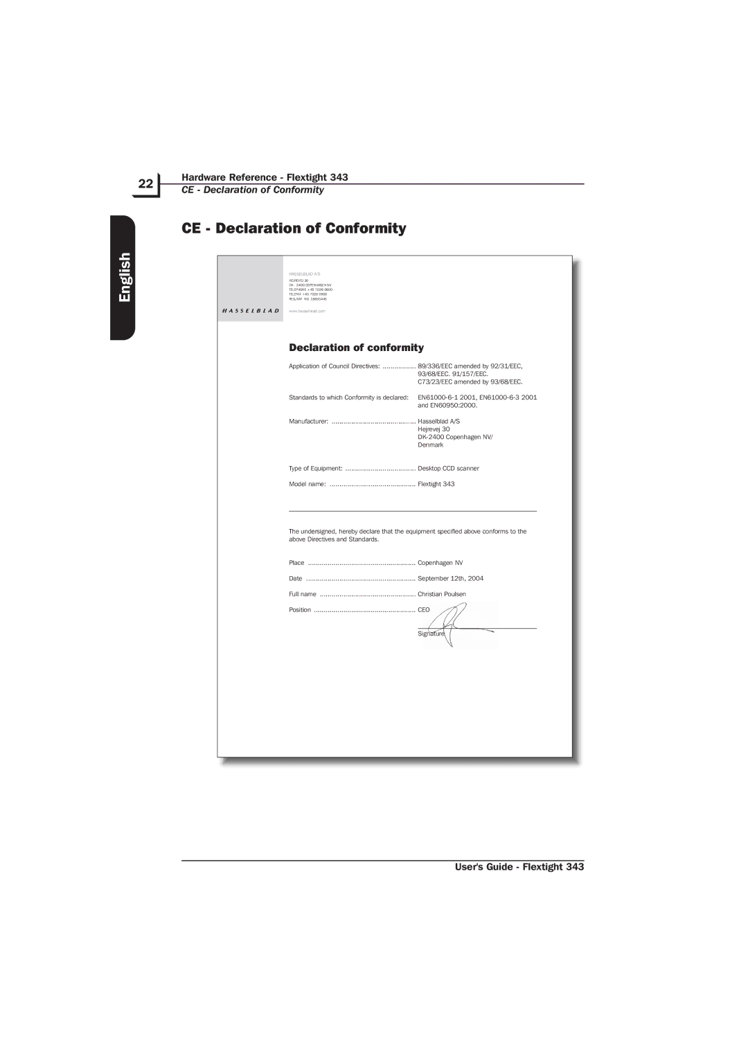 Hasselblad Flextight 343 manual CE Declaration of Conformity, Declaration of conformity 