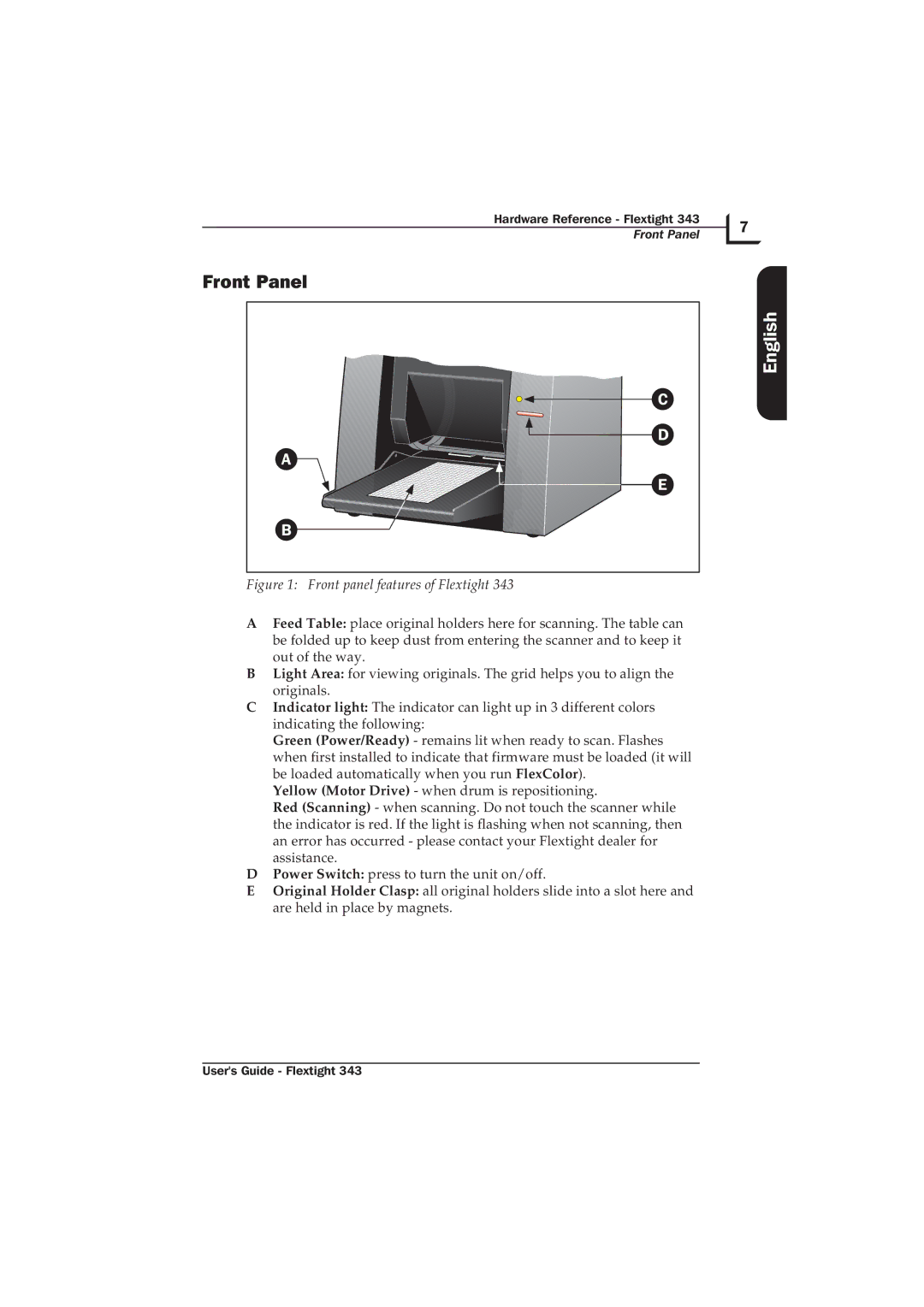 Hasselblad Flextight 343 manual Front Panel, Front panel features of Flextight 