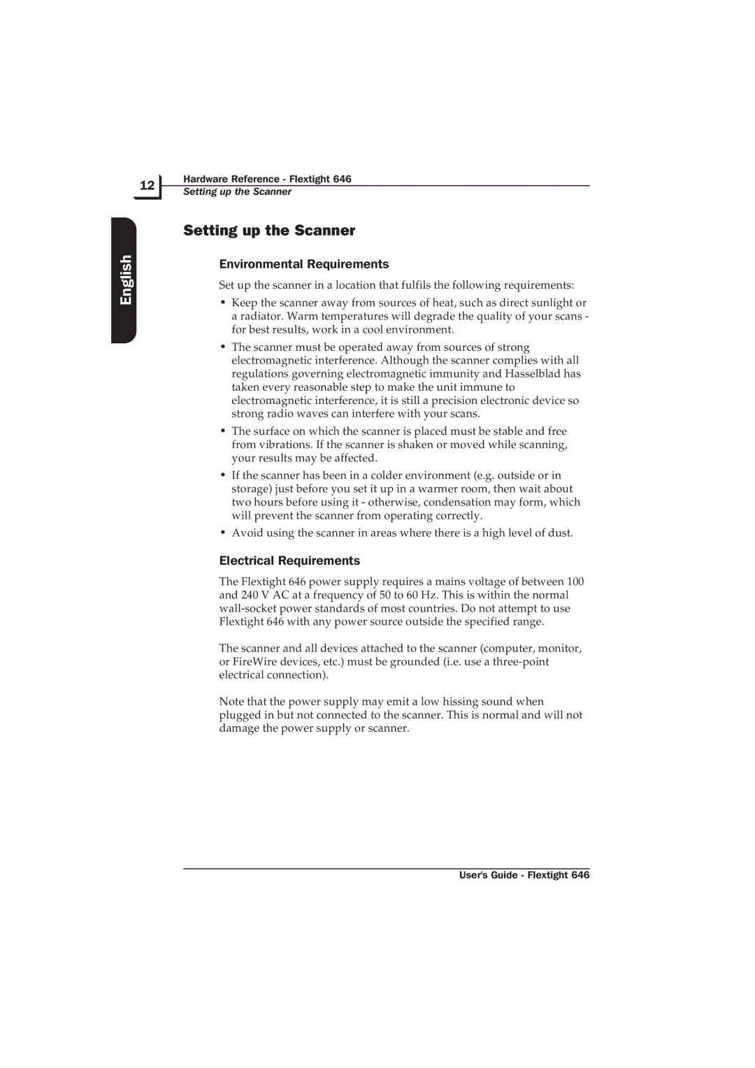 Hasselblad Flextight 646 manual Setting up the Scanner, Environmental Requirements, Electrical Requirements 