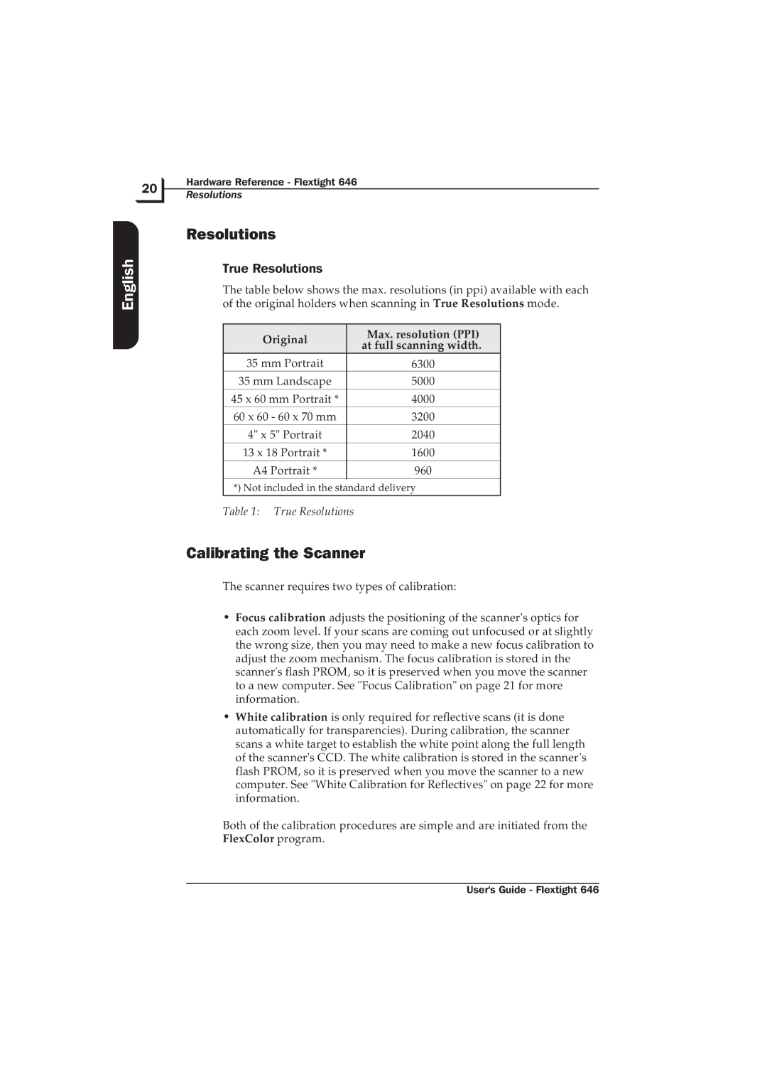 Hasselblad Flextight 646 manual Calibrating the Scanner, True Resolutions 