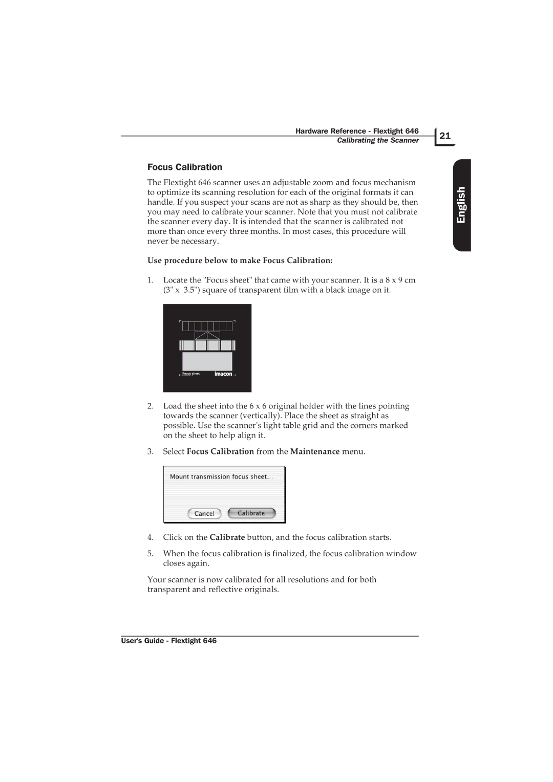 Hasselblad Flextight 646 manual Use procedure below to make Focus Calibration 