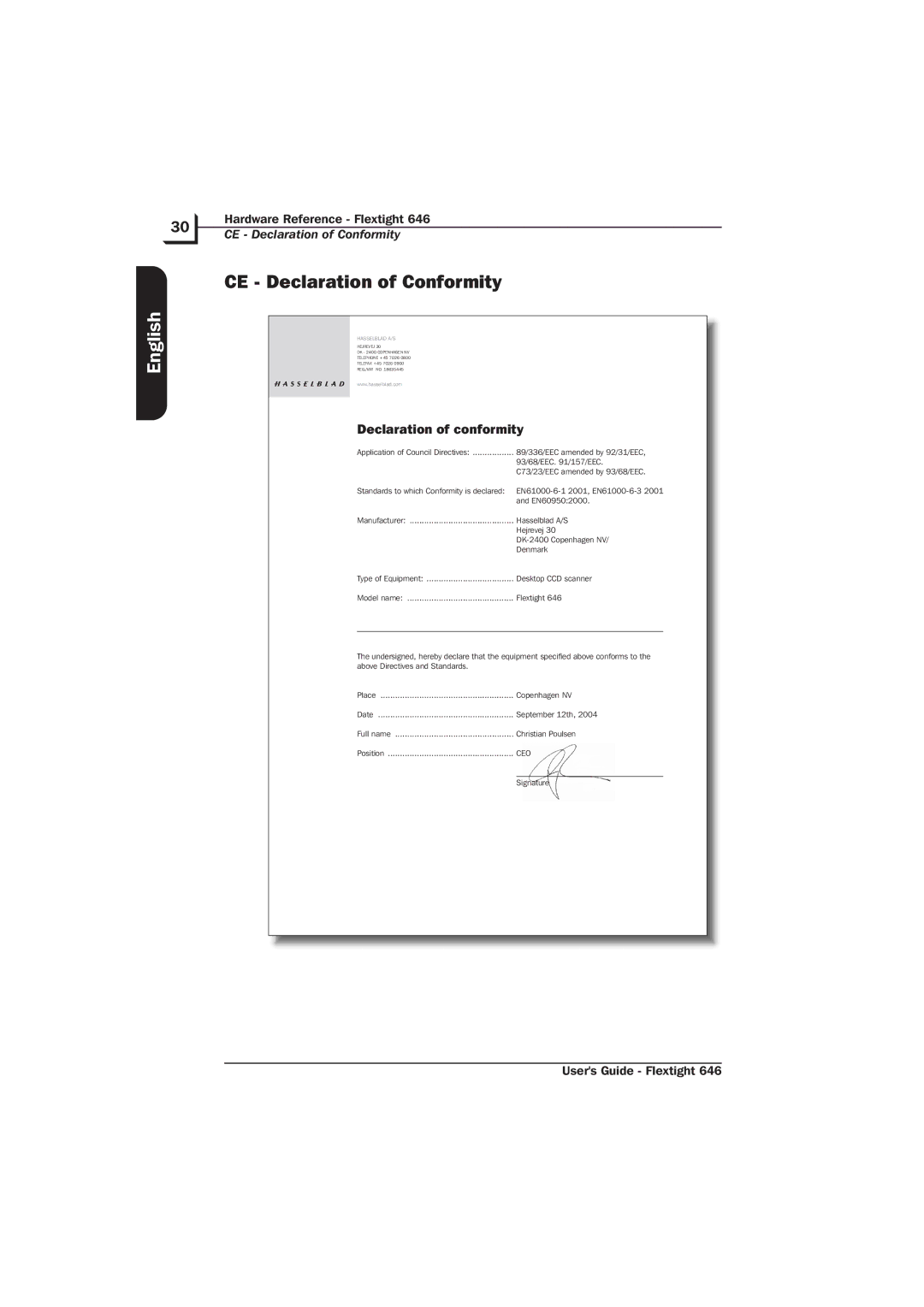 Hasselblad Flextight 646 manual CE Declaration of Conformity, Declaration of conformity 