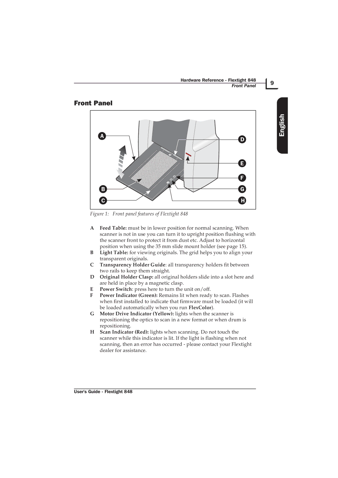 Hasselblad Flextight 848 manual Front Panel, Front panel features of Flextight 