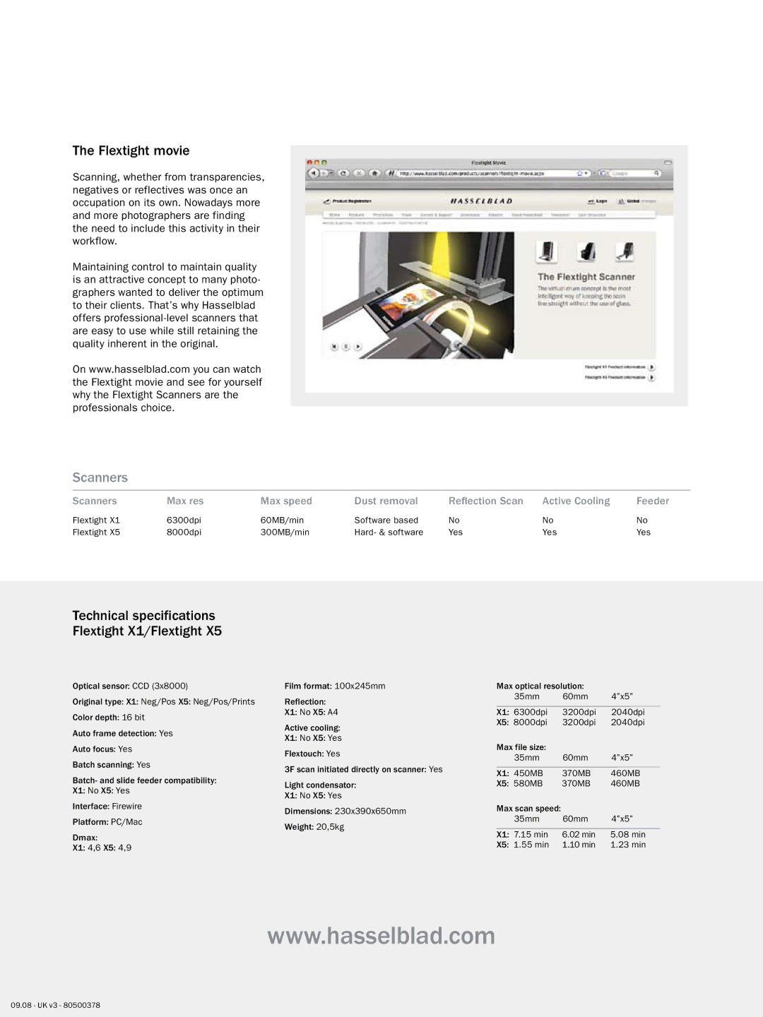 Hasselblad Flextight X5 manual Flextight movie, Technical specifications Flextight X1/Flextight 