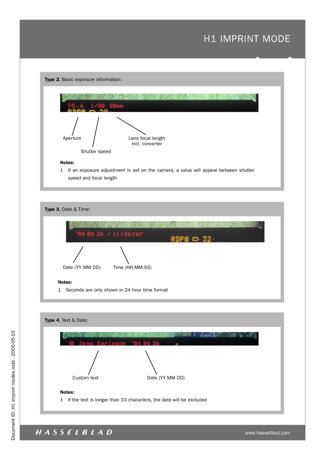 Hasselblad manual Document ID H1 imprint modes.indd, Type 2, Basic exposure information Aperture 